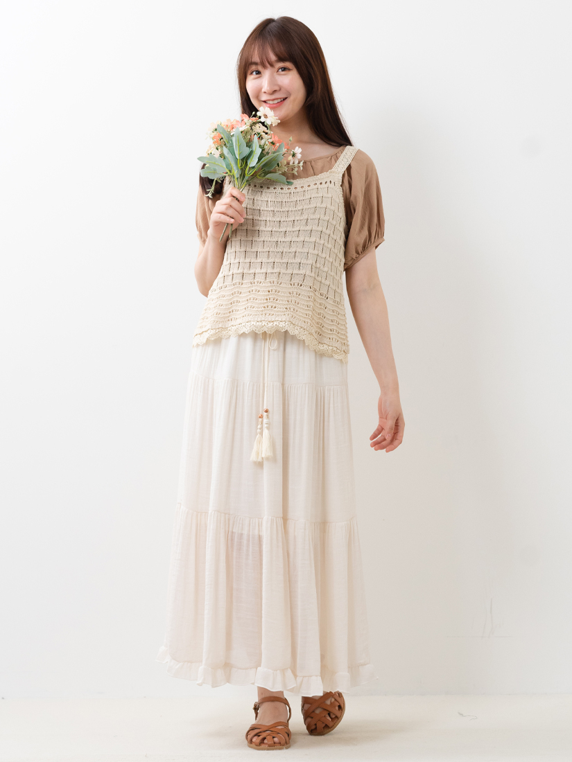 蕾絲肩帶背心細褶泡泡袖上衣荷葉長裙組合