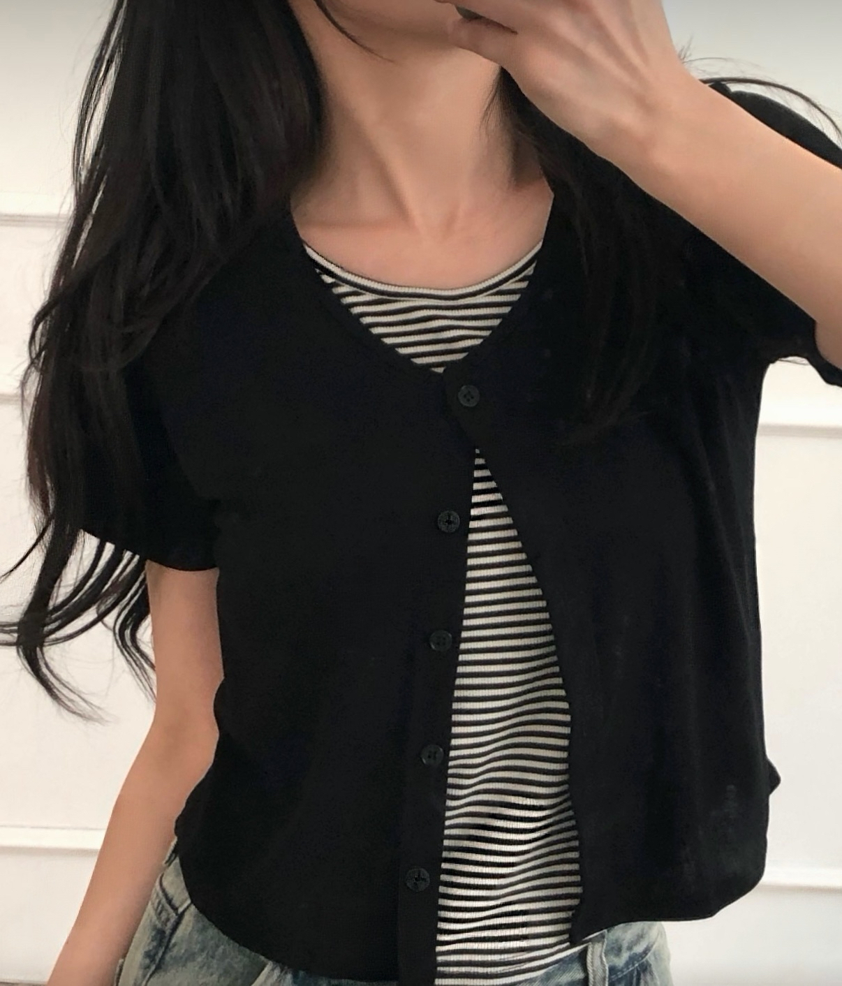 細橫間針織假兩件短袖