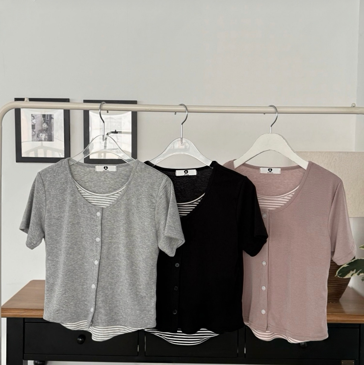 細橫間針織假兩件短袖