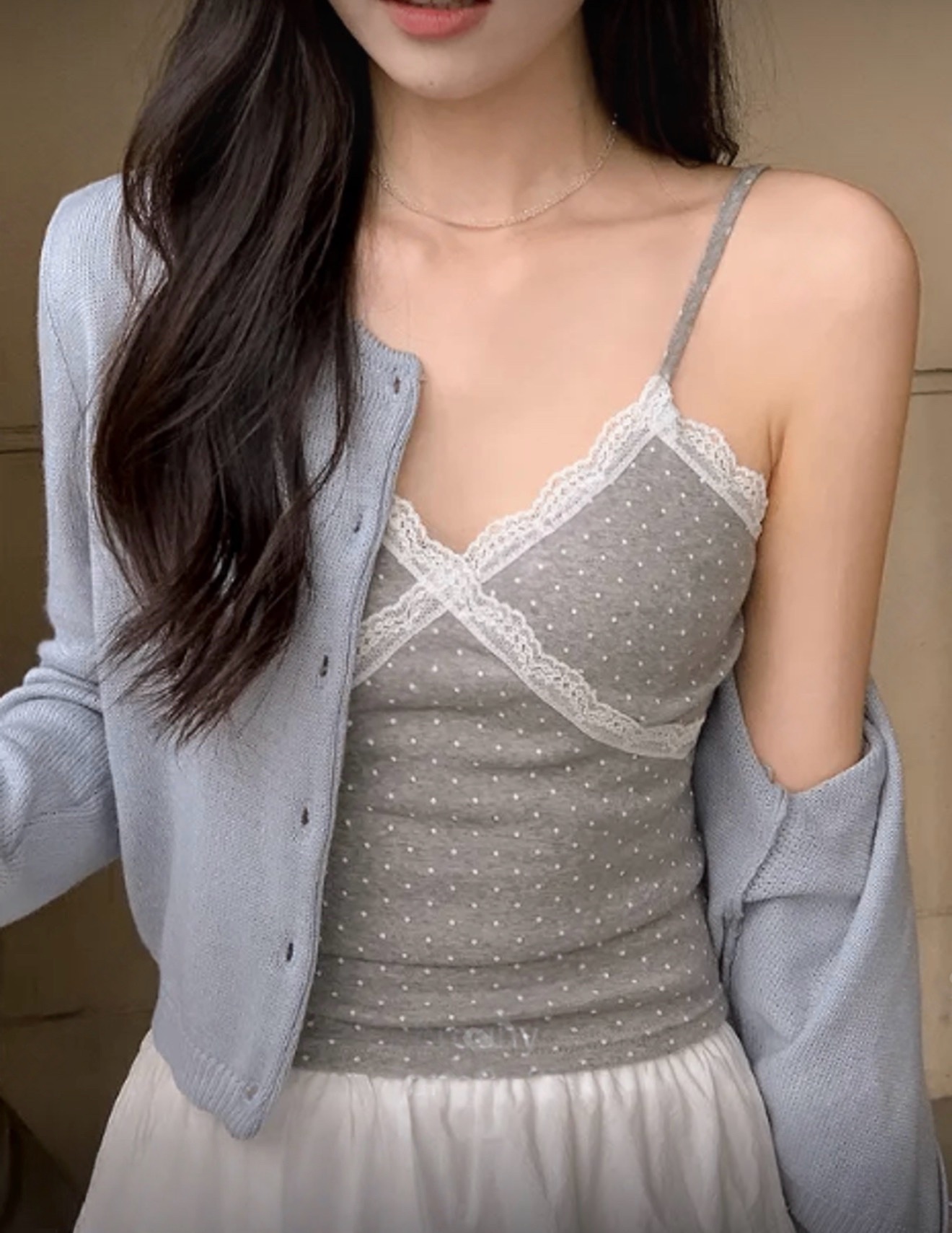 （3月韓國連線）V0182｜春夏必備！溫柔波點蕾絲小背心°‧🫧⋆.ೃ࿔*:･