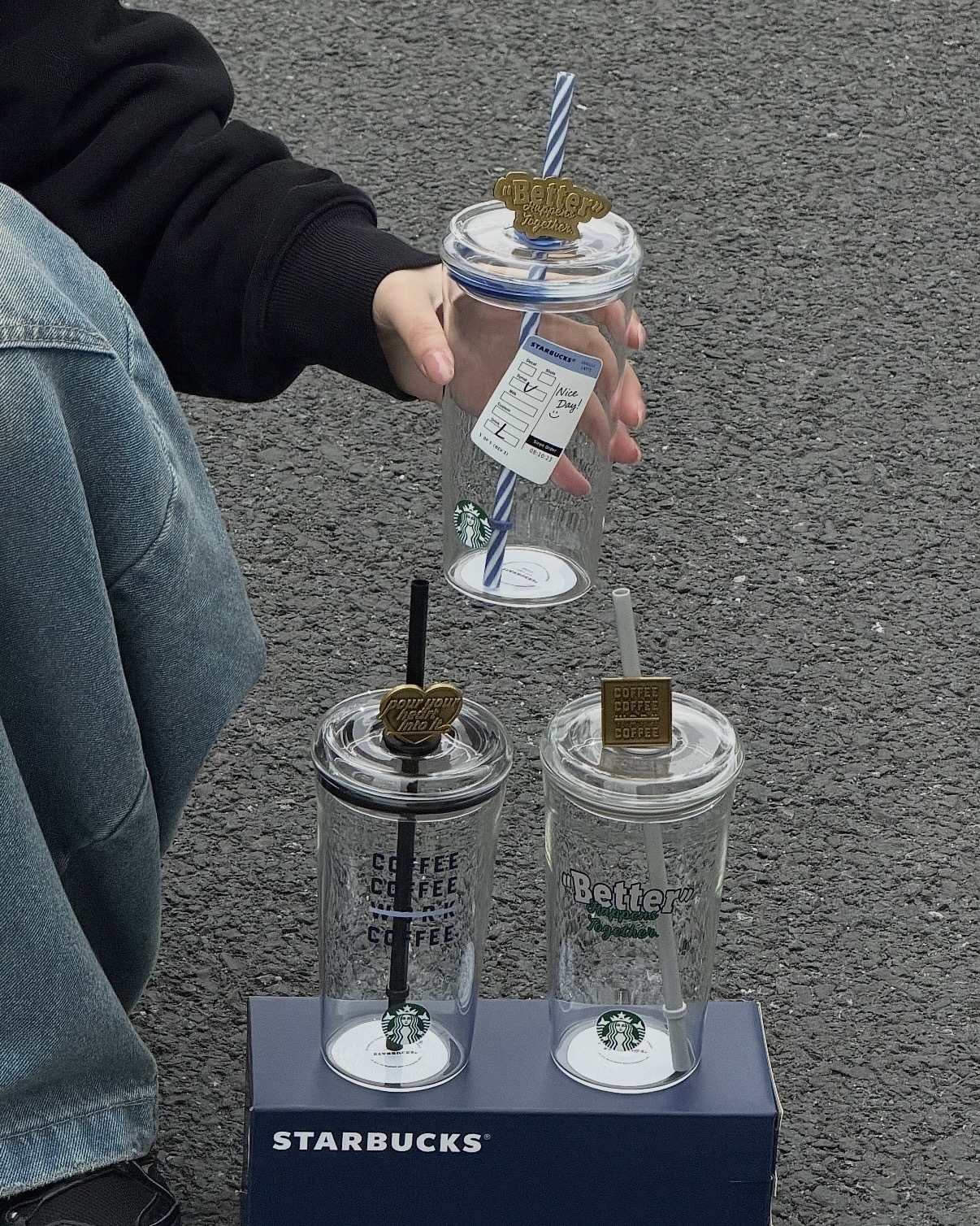 STARBUCKS 星巴克 丹寧星咖系列 透明 玻璃吸管杯 美式 復古 585ml