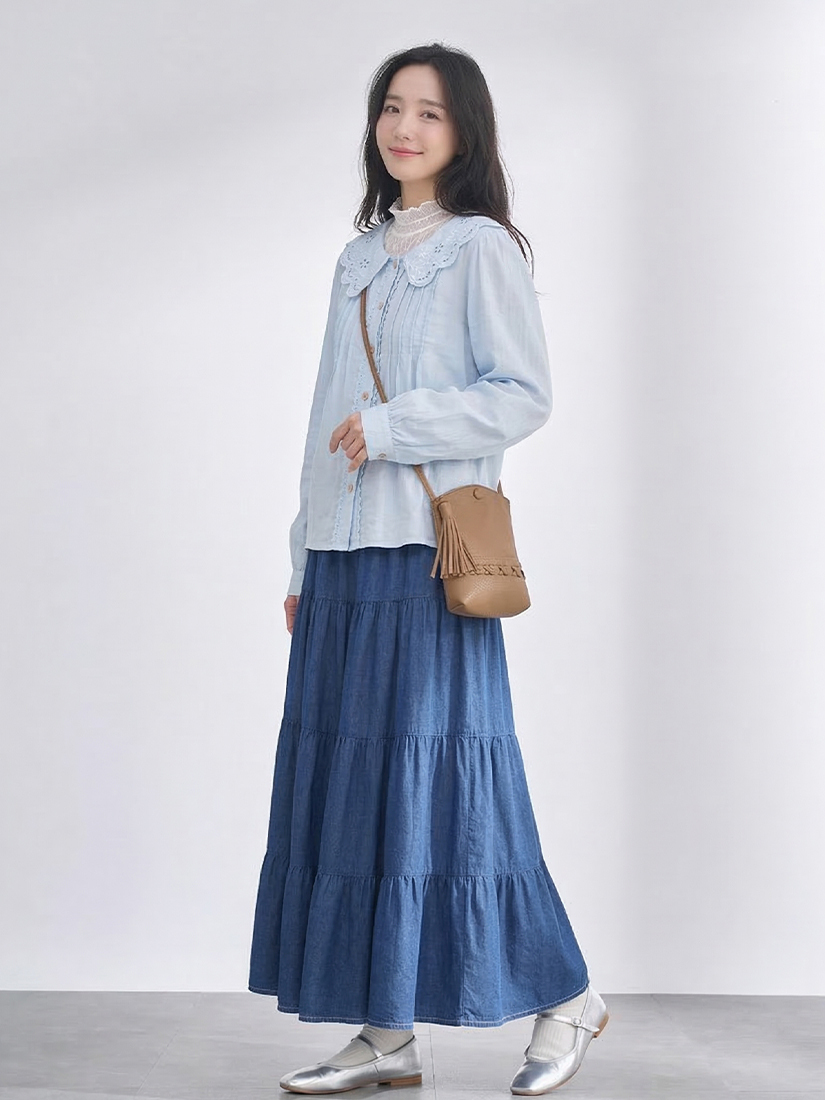繡花領壓褶襯衫透膚立領上衣層次蛋糕牛仔長裙組合