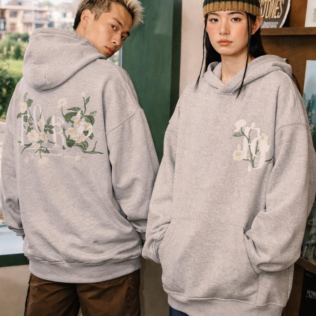 【預購】J0329601 CREARE -LINO- 花朵刺繡連帽衛衣 棉混薄款 灰色 M碼