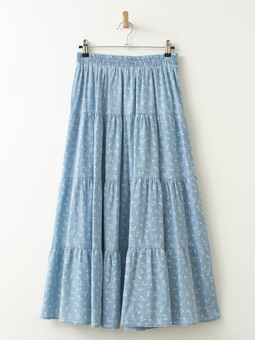滿印碎花薄棉牛仔蛋糕長裙