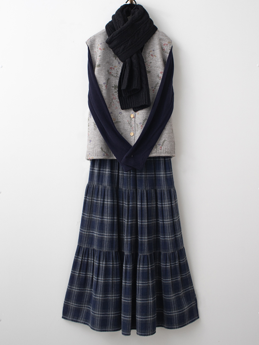 印花開釦針織背心磨毛棉絨上衣格紋蛋糕長裙組合