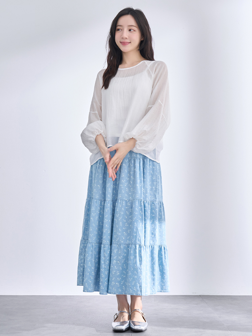 光澤透膚上衣滿印碎花薄棉牛仔蛋糕裙組合
