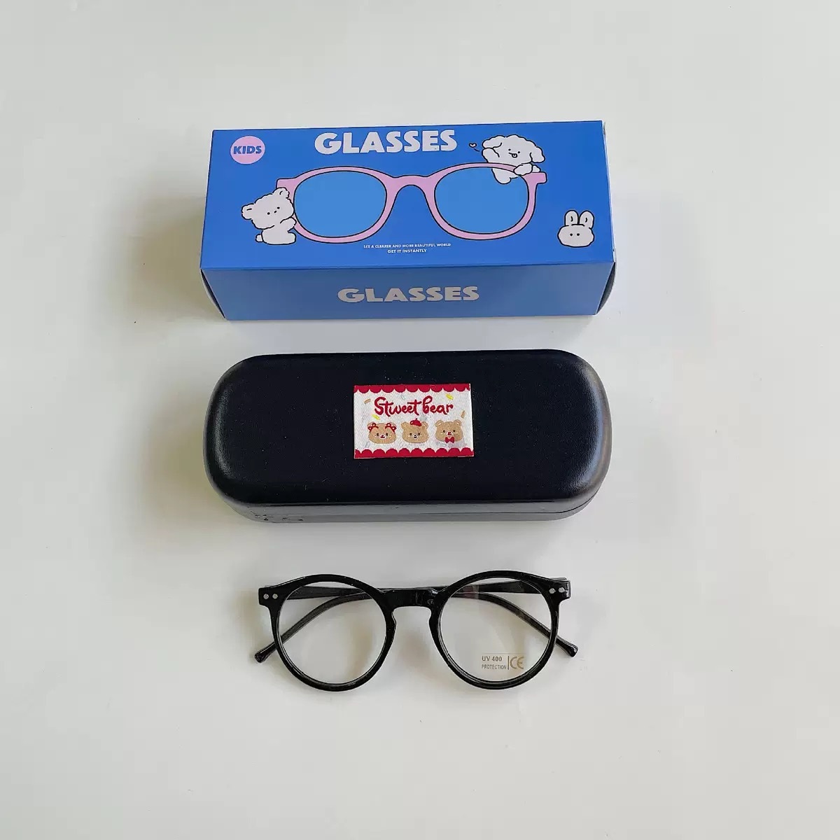 四色兒童透明鏡片眼鏡（含黑色盒子）