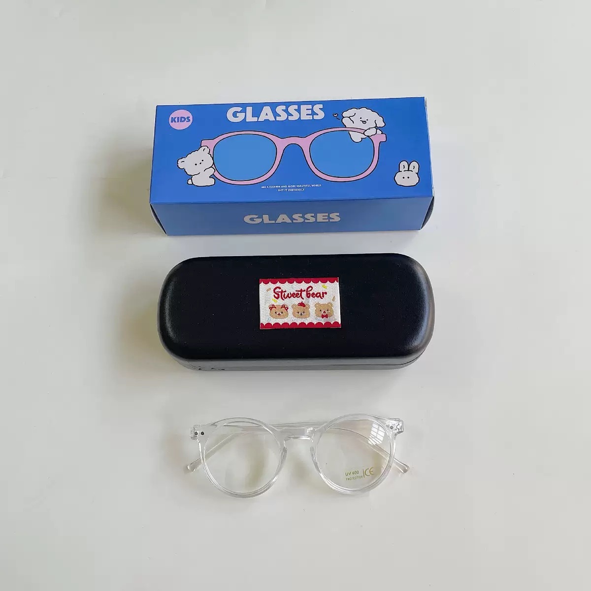 四色兒童透明鏡片眼鏡（含黑色盒子）