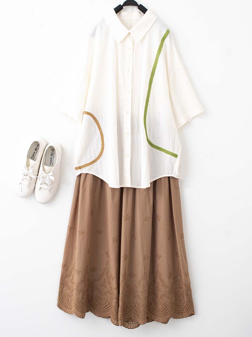 撞色毛巾繡上衣森系純棉柔軟寬褲組合