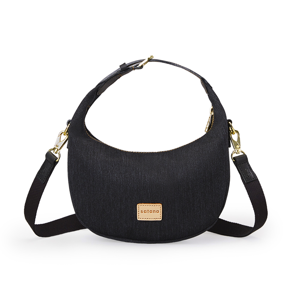 Denim 迷你彎月手提包-丹寧黑