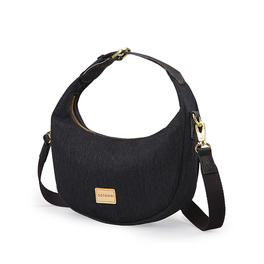 Denim 迷你彎月手提包-丹寧黑