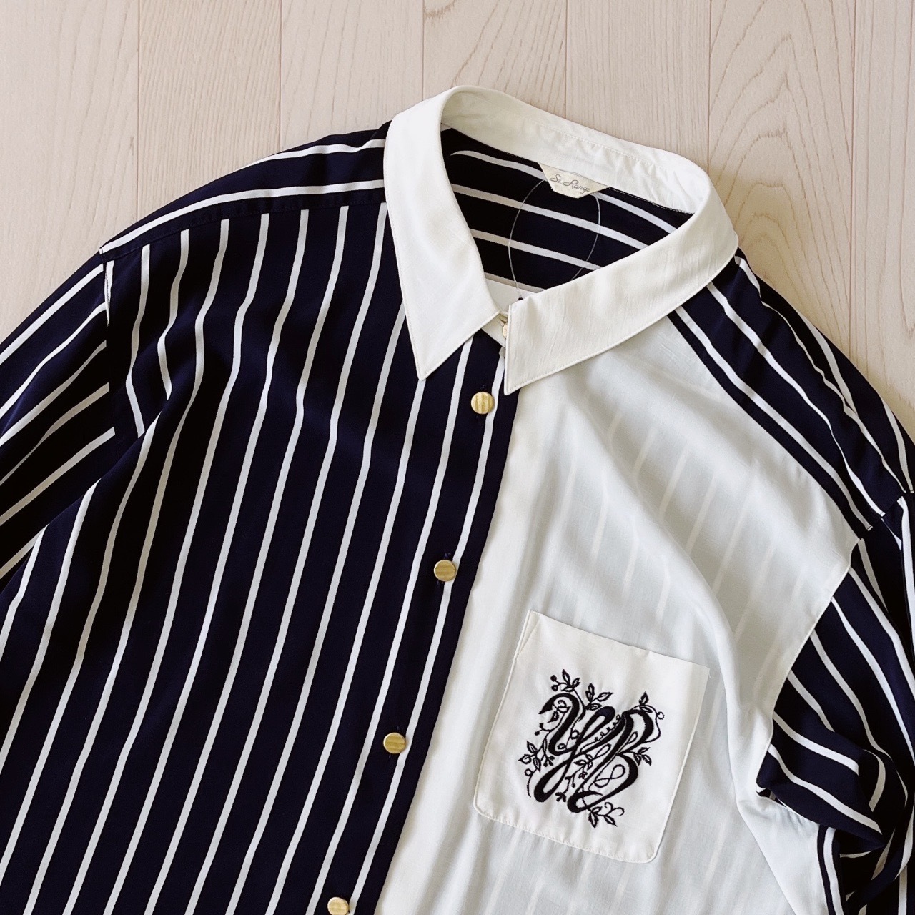 深藍色條紋刺繡古著上衣