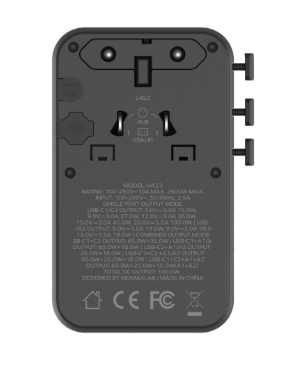 MOMAX 1-WORLD² 100W 雙 AC 四 USB GaN 全球轉換插座 UA23UKD - Black