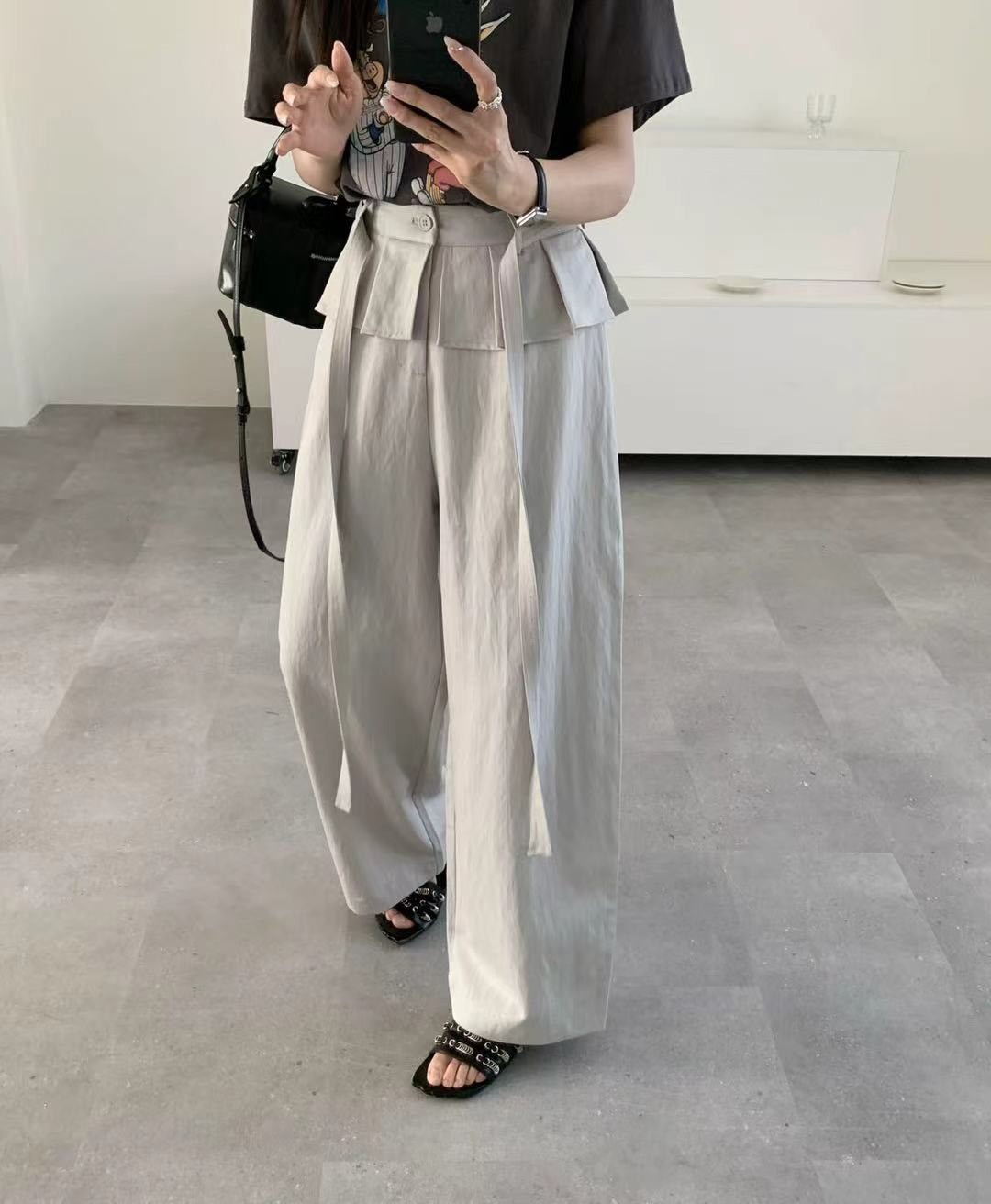 Nellie&Co.荷葉層次綁帶牛仔寬褲