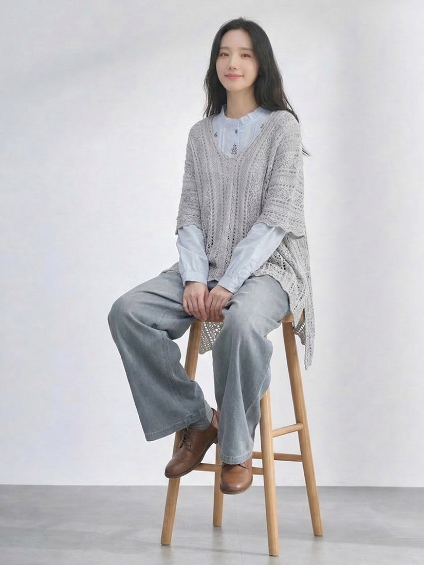 簍空針織罩衫荷葉小立領襯衫水洗天絲棉寬褲組合