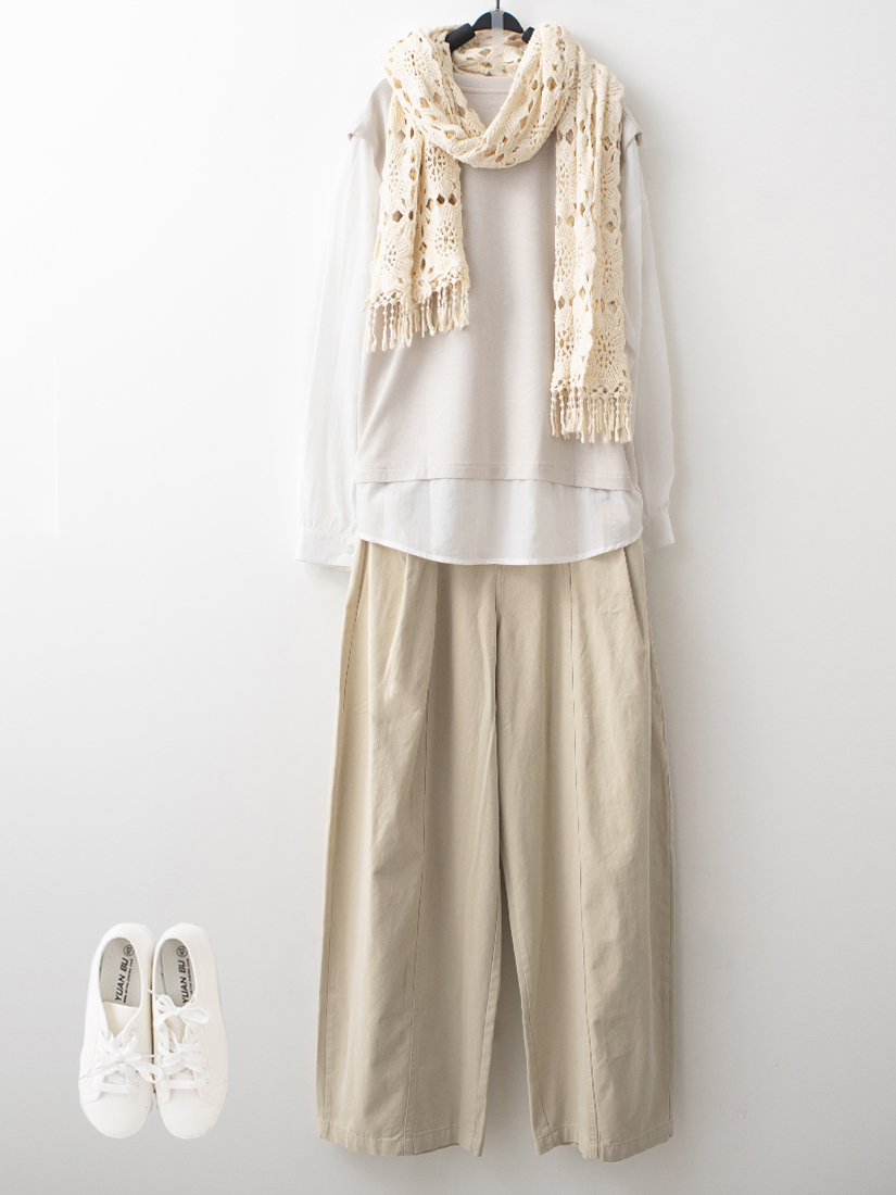 拼接仿兩件上衣跳色配釦剪接設計寬褲組合