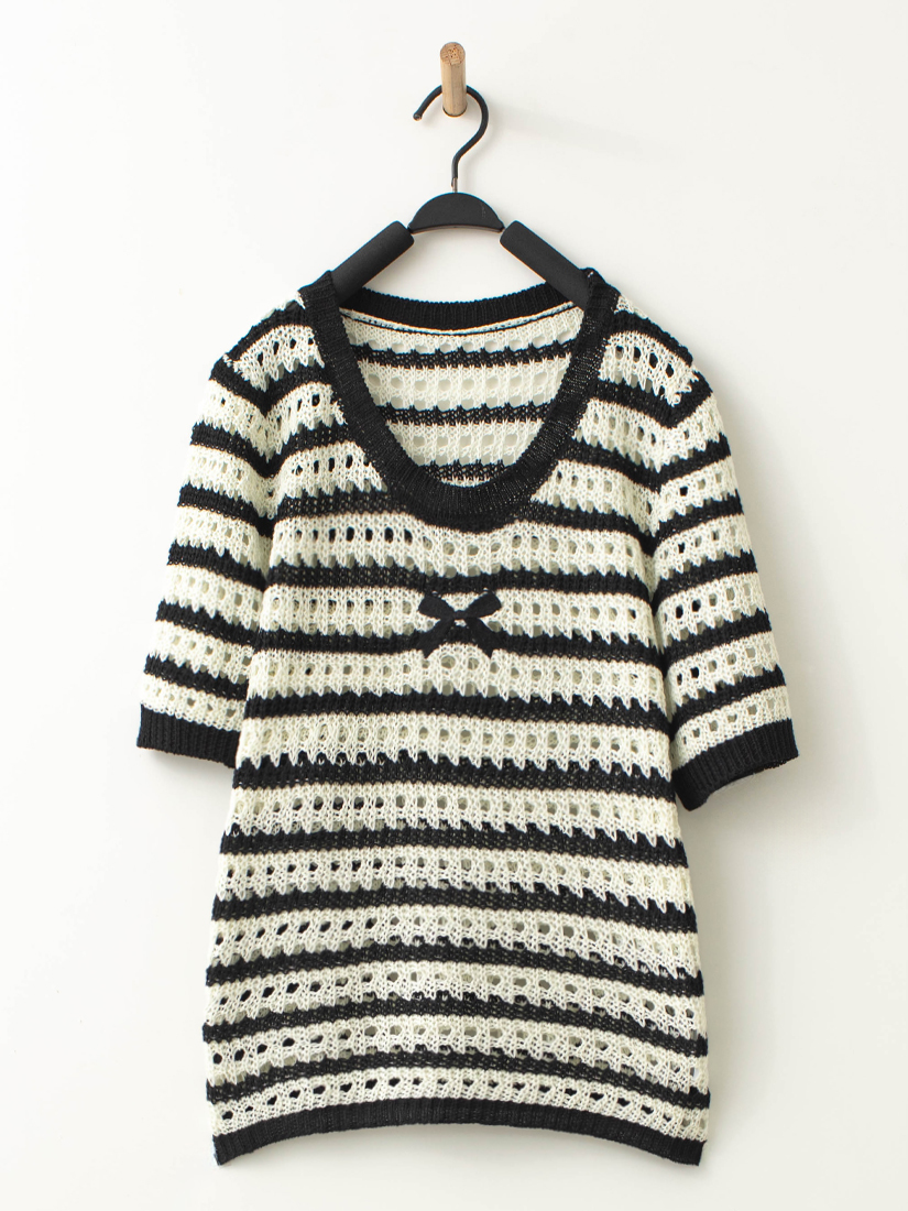 條紋簍空蝴蝶結上衣簍空織帶蛋糕裙組合