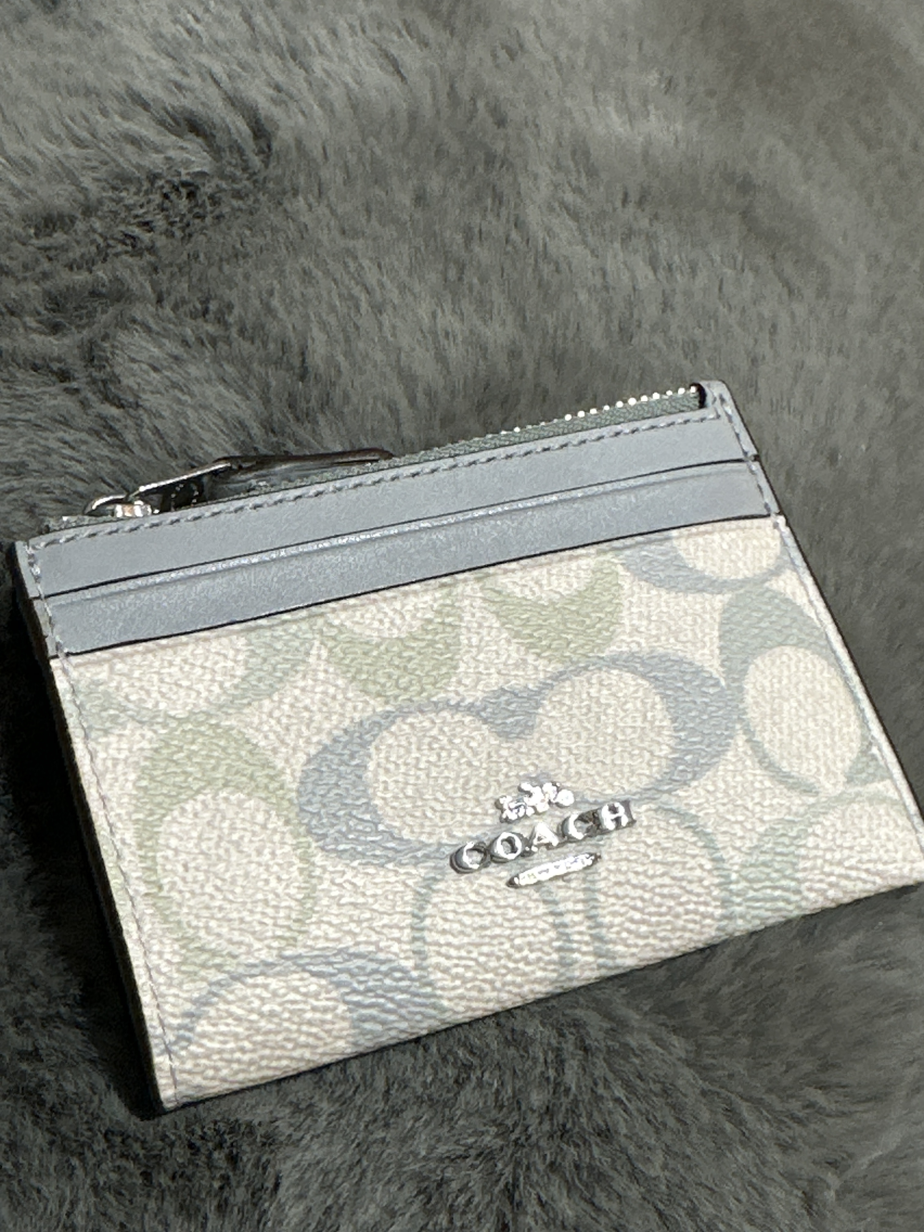 RU27 CO 藍色LOGO藍白色拉鏈卡包Mini Skinny Id Case In Pretty Signature Canvas