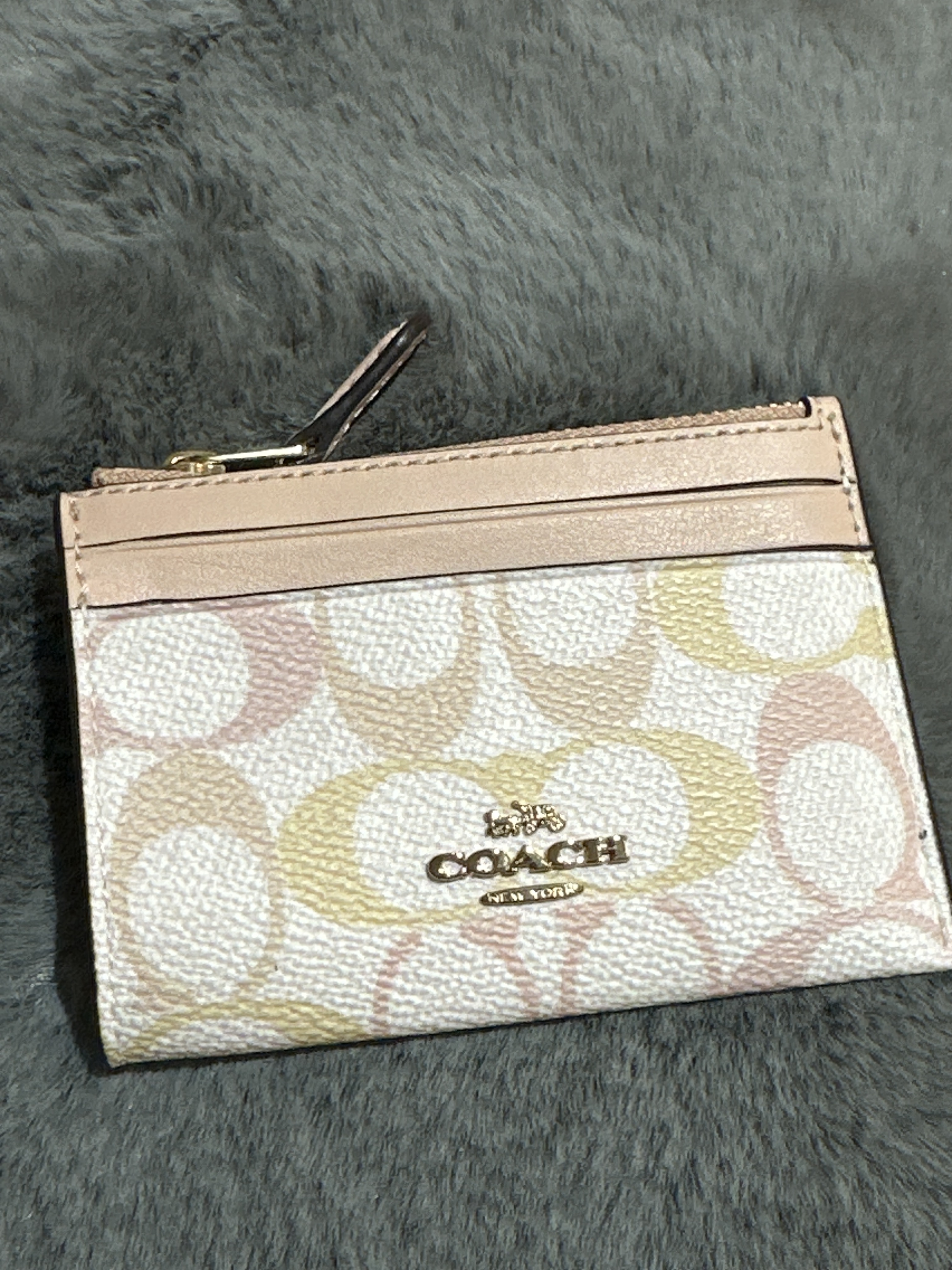 RU29 CO 彩色LOGO蝦肉色拉鏈卡包Mini Skinny Id Case In Pretty Signature Canvas