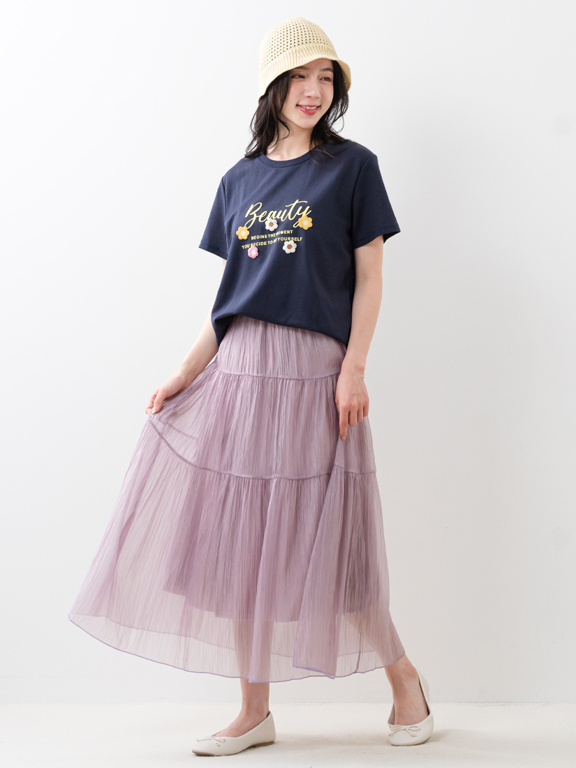 立體刺繡膠印字母短袖上衣細褶紗裙組合