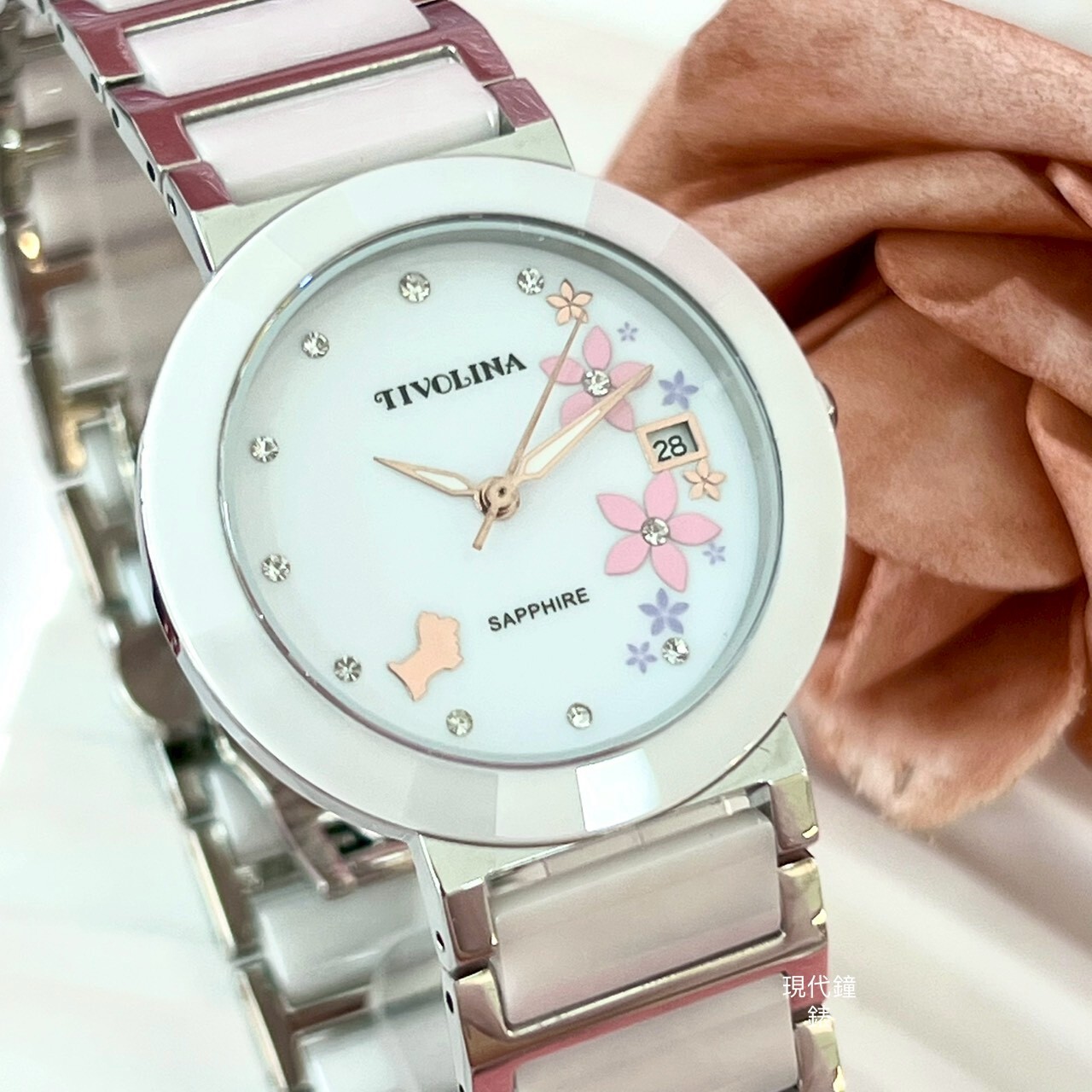【TIVOLINA小紅帽】小花狗狗閃耀鑲鑽半陶瓷腕錶MAW3673-PP 33mm 現代鐘錶