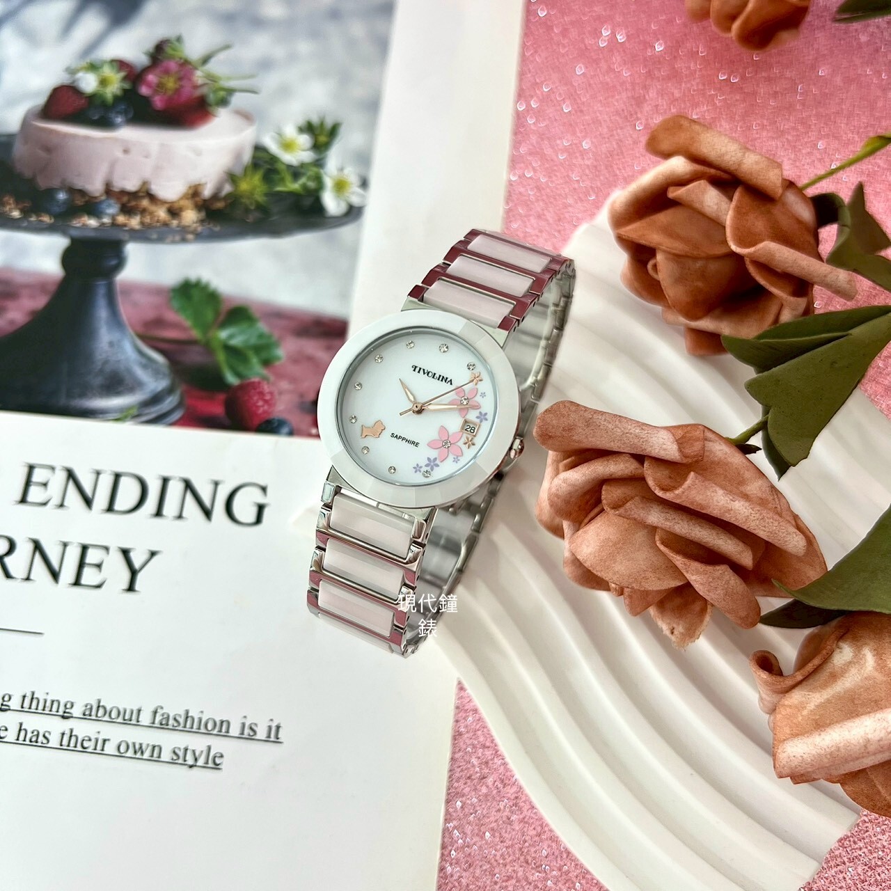 【TIVOLINA小紅帽】小花狗狗閃耀鑲鑽半陶瓷腕錶MAW3673-PP 33mm 現代鐘錶