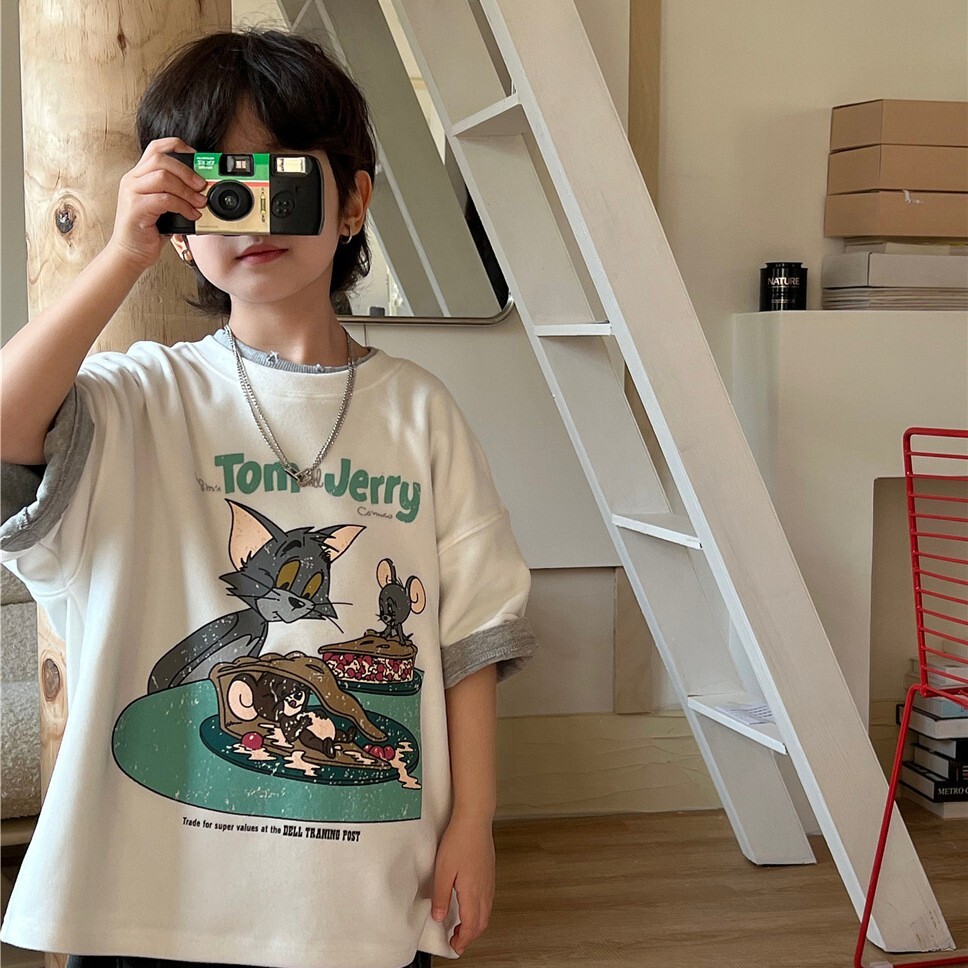 《3102》卡通貓噴漆小圖磨毛微厚短袖(100-160)