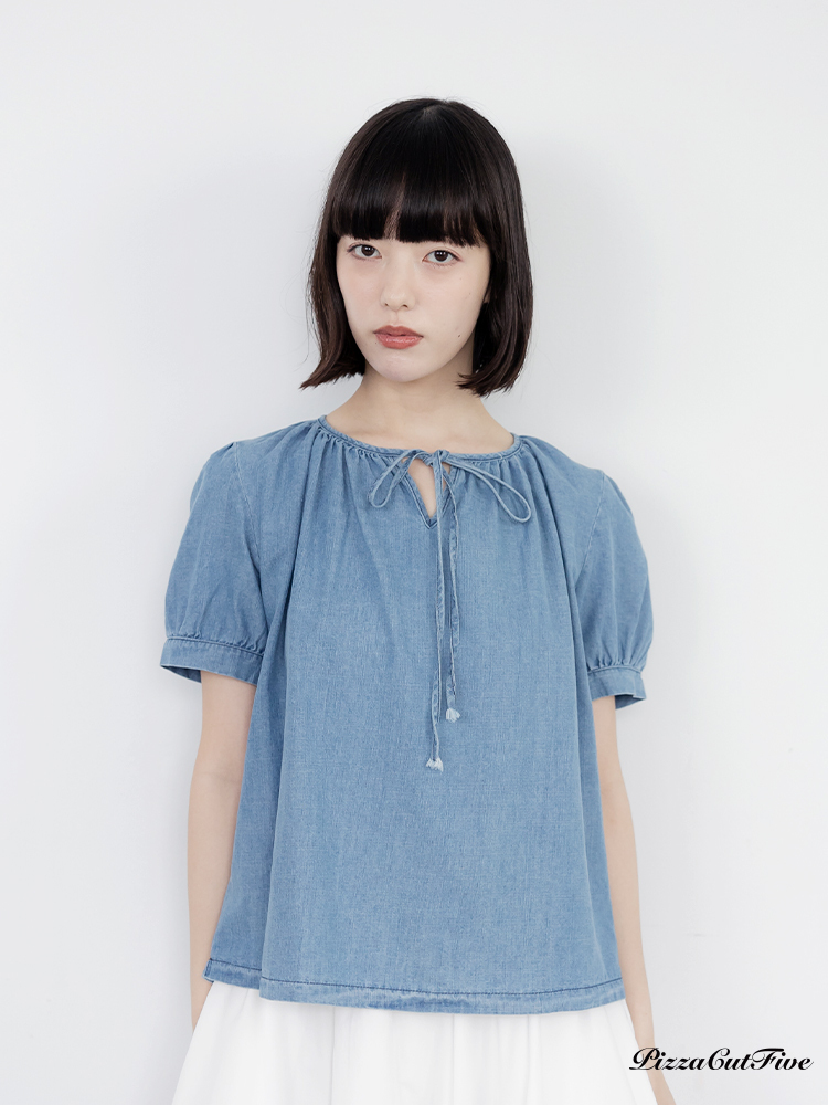 綁帶輕牛仔短袖上衣 PizzaCutFive PCF262404028