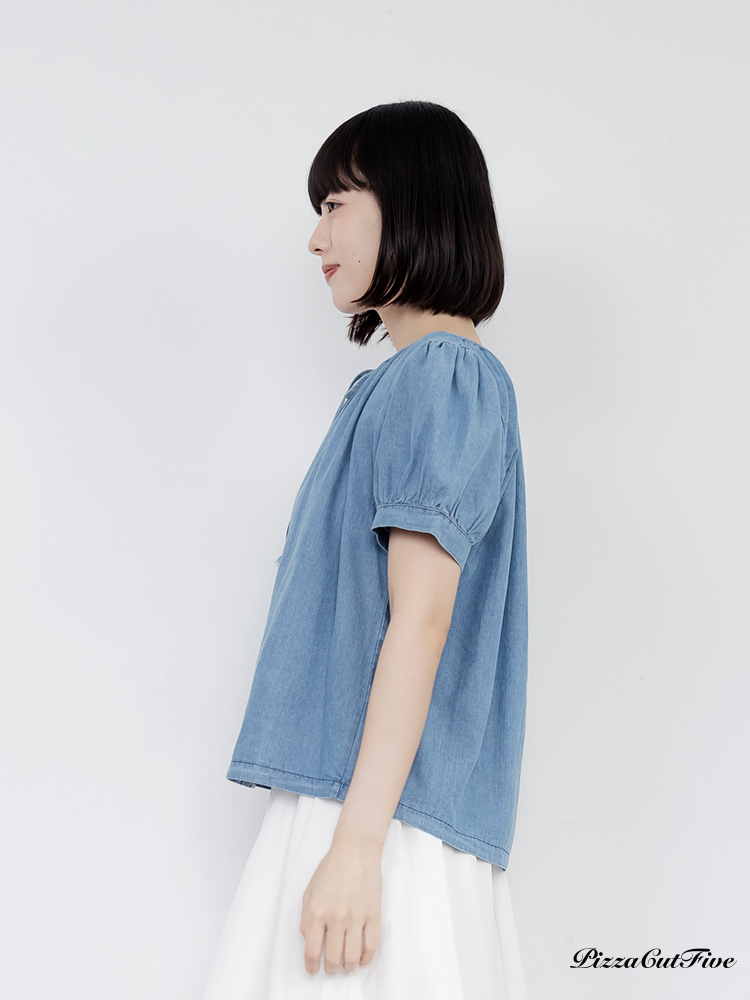 綁帶輕牛仔短袖上衣 PizzaCutFive PCF262404028