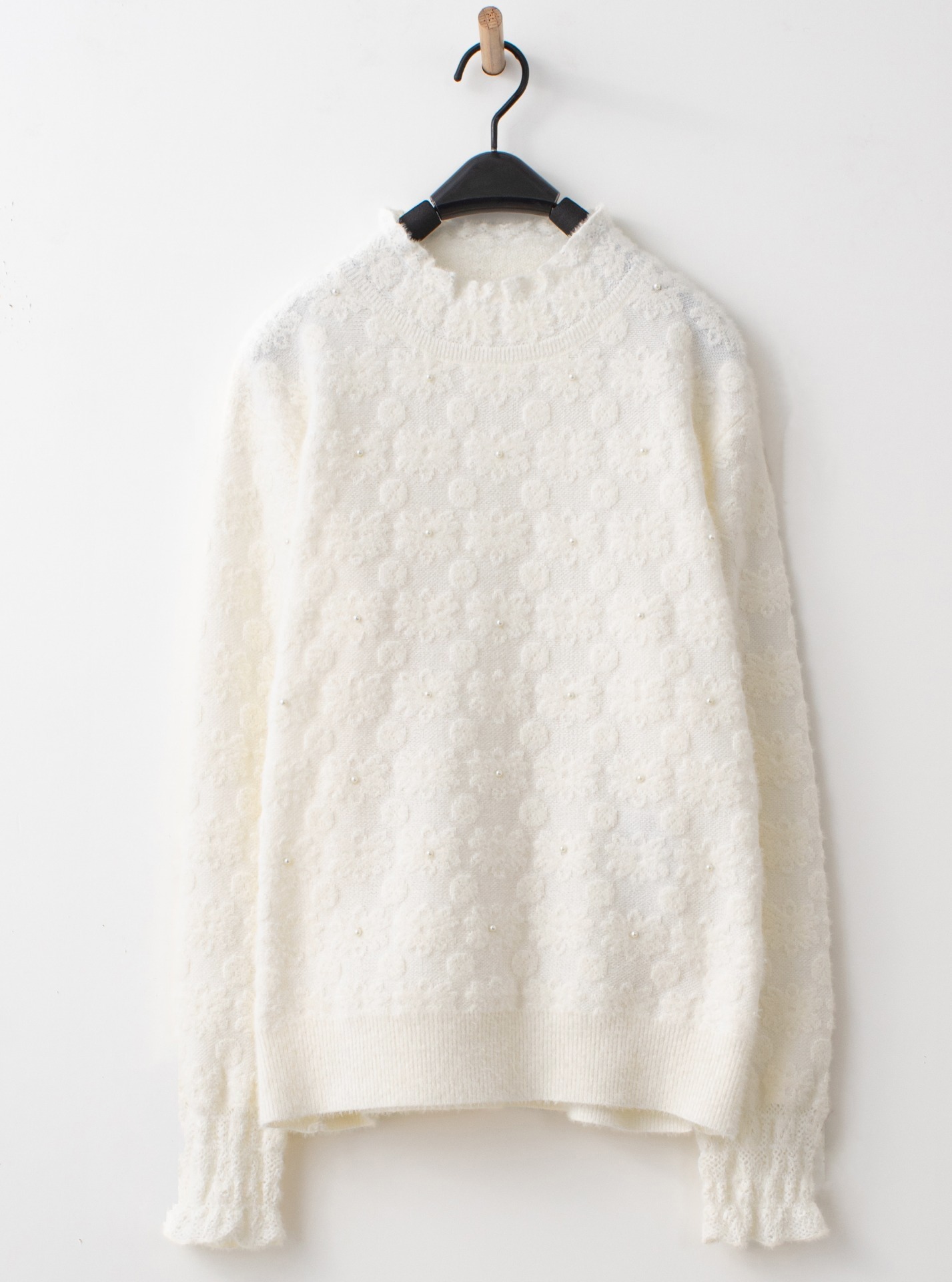 蕾絲珍珠針織上衣紋理剪接壓褶絨裙組合