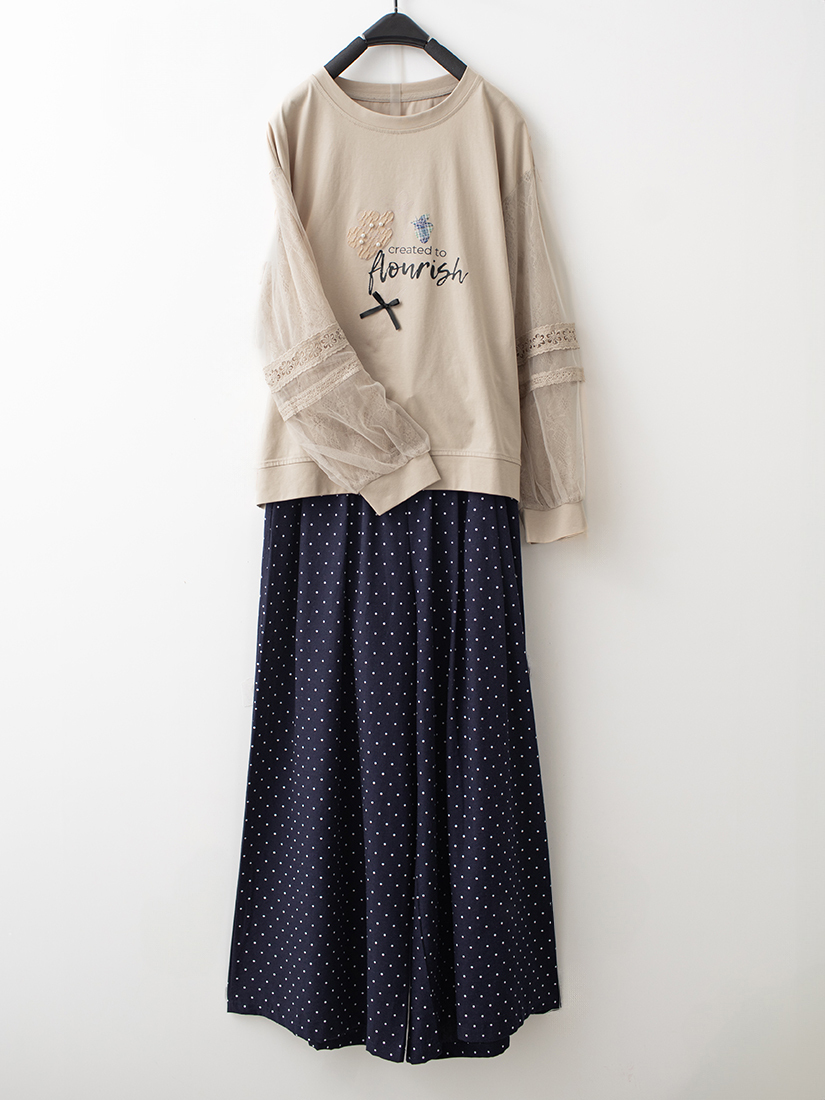 雙層蕾絲上棉麻感點點印花九分寬褲組合