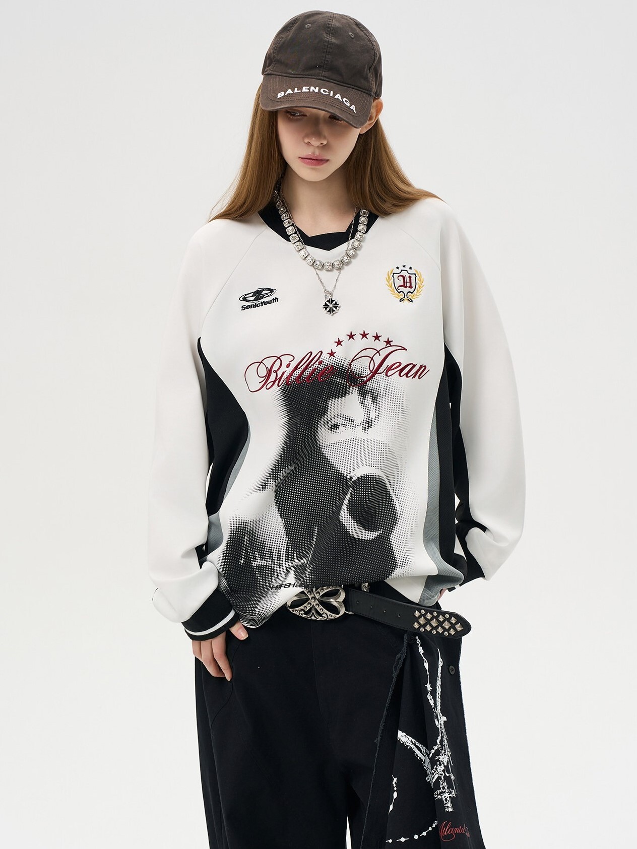 Harsh and Cruel 美式復古 人像印花拼色 運動透氣 V領 長袖T  HL26102016