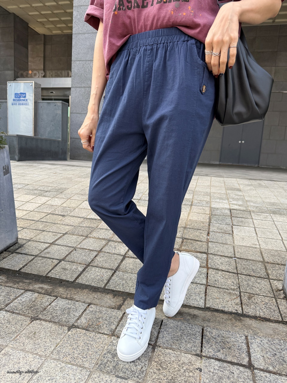正韓海軍藍超彈性側釦鬆緊休閒褲