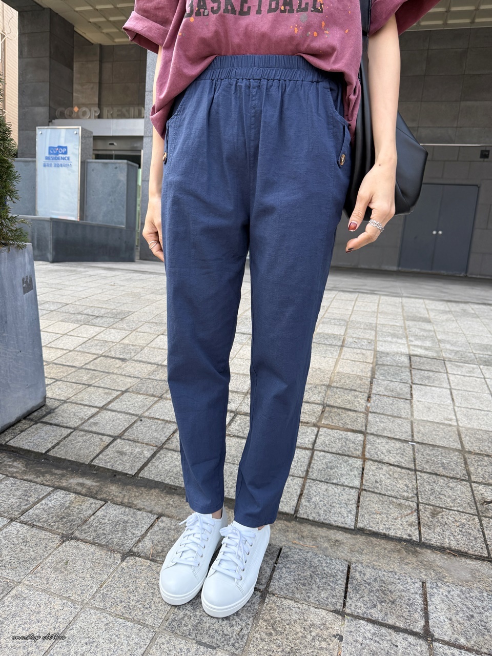 正韓海軍藍超彈性側釦鬆緊休閒褲