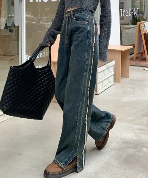 【預購】J0329604　by muni:r　女士側邊流蘇開衩牛仔褲　M碼