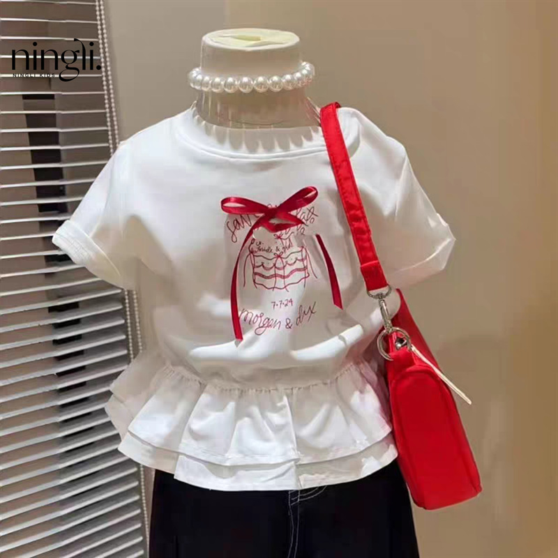 【H0568】韓系甜美蝴蝶結蛋糕裙襬棉T(90-140)