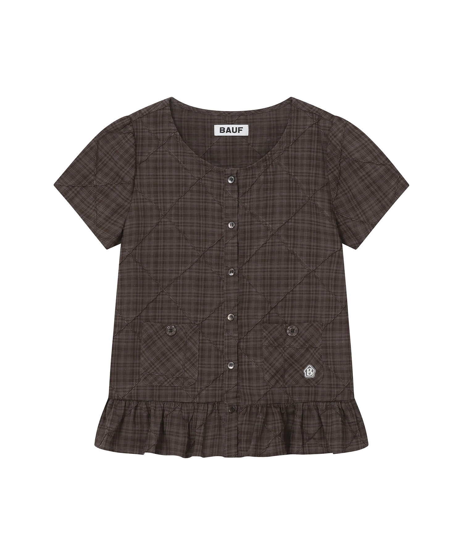 BAUF 雙口袋 格紋 抓皺 荷葉 裙襬 襯衫