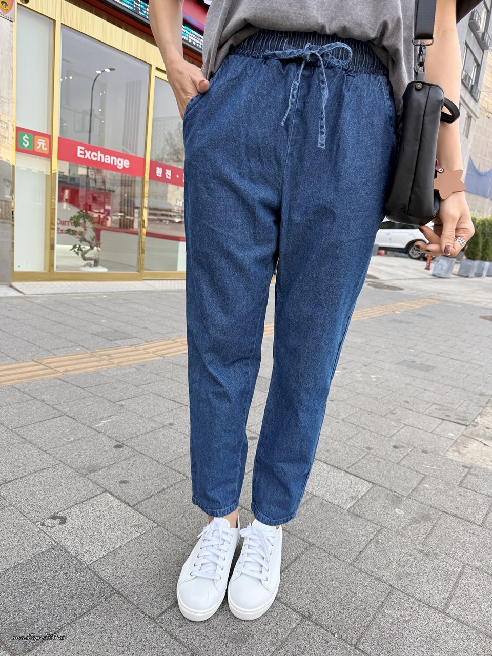 正韓Happy牛仔藍鬆緊綁帶休閒褲