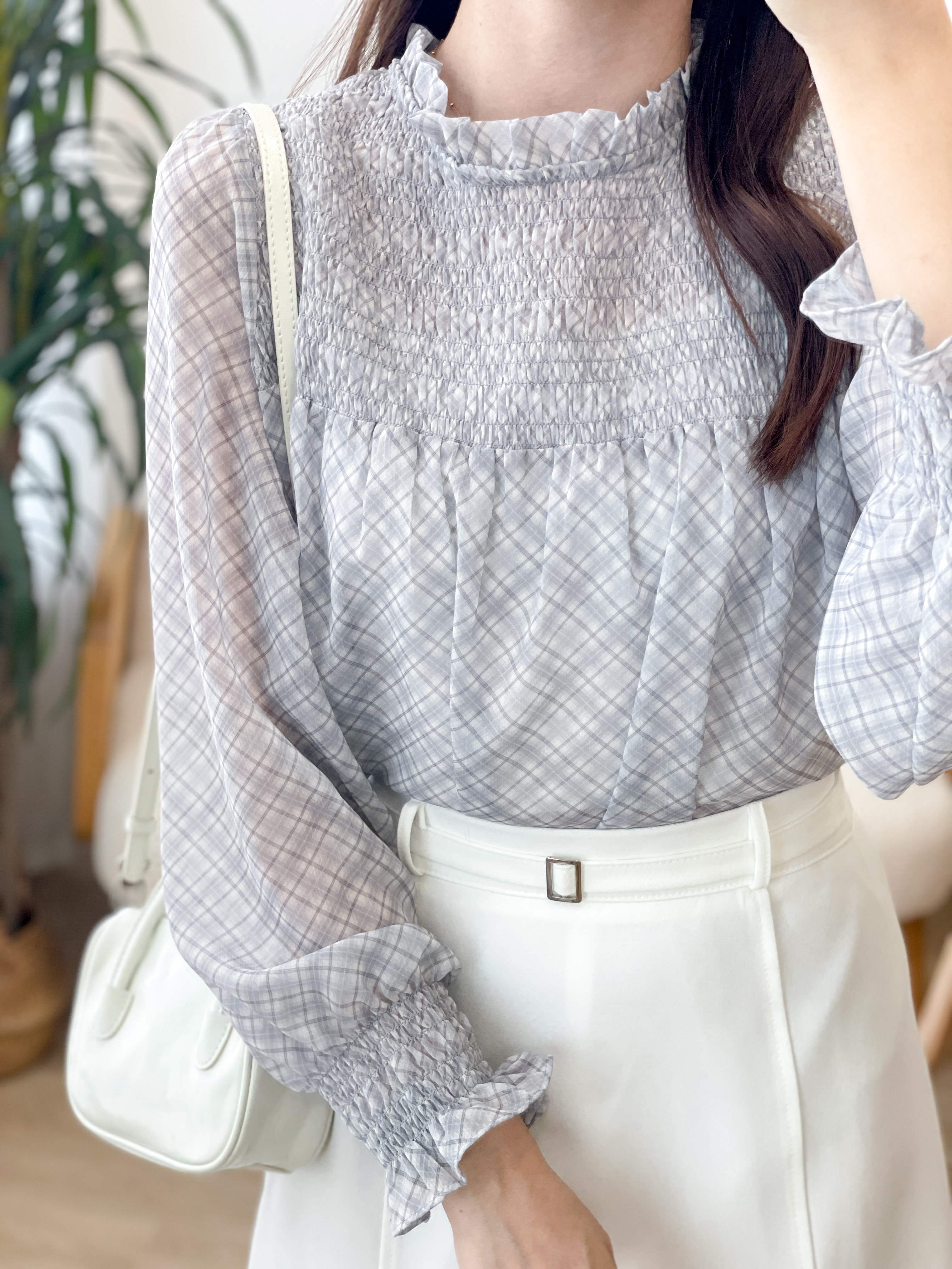 T1493 Blue Lagoon Ruffles Plaid Blouse