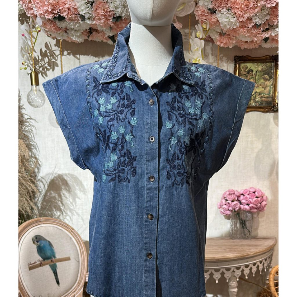 TOP-CCG0329-168 刺繡襯衫 藍色 (A168)