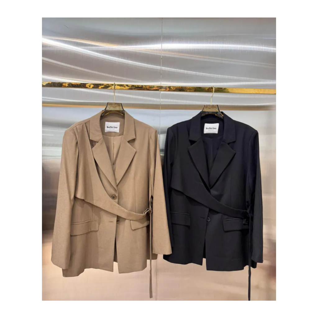 JAC-CCG0329-194 BL2-不規則腰帶側扣西裝長袖外套 (A194黑/B194啡)