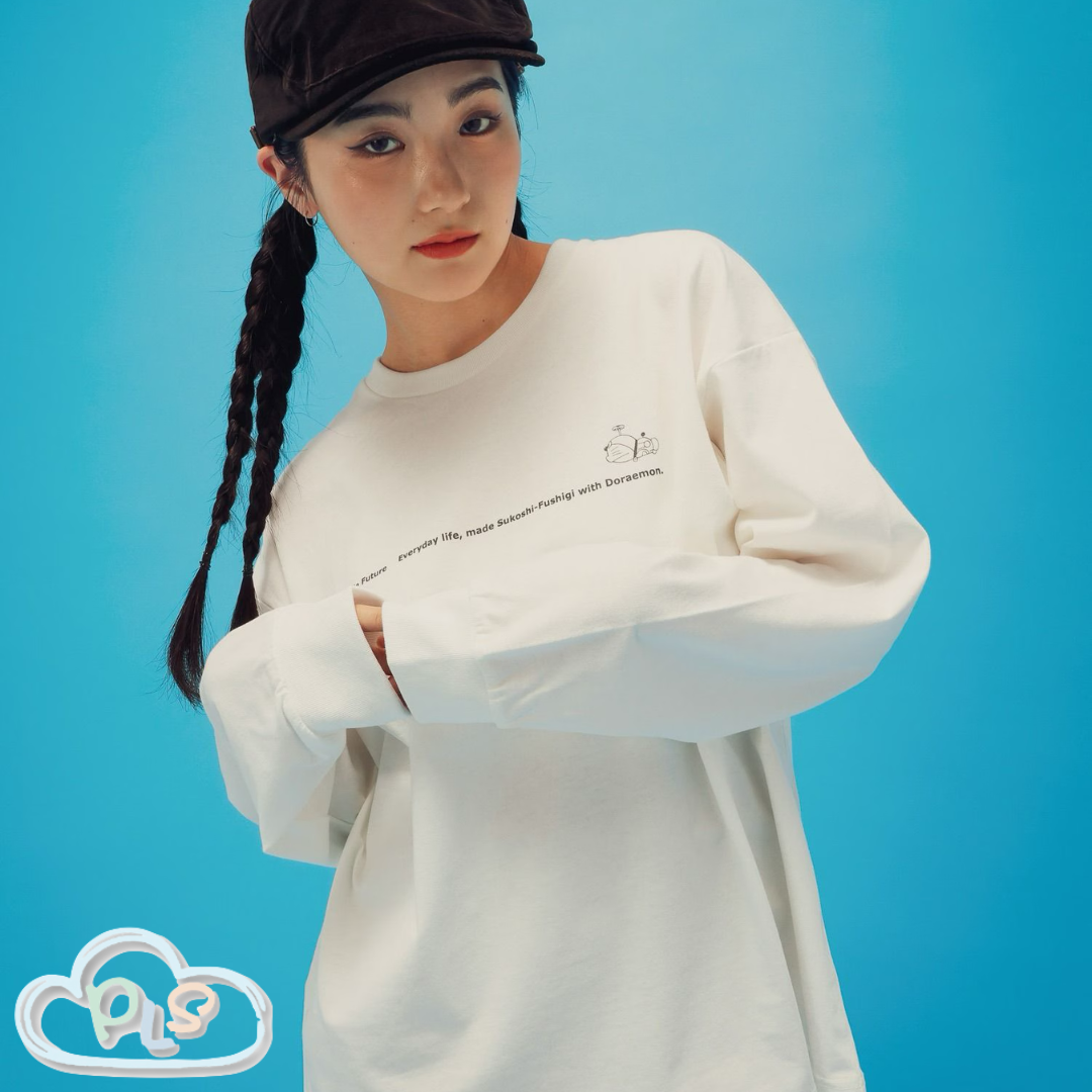 現貨 男女同款長袖圓領T-Shirt（GENTLE FUTURE） 多啦A夢 Global Work 米白色 #22972-1