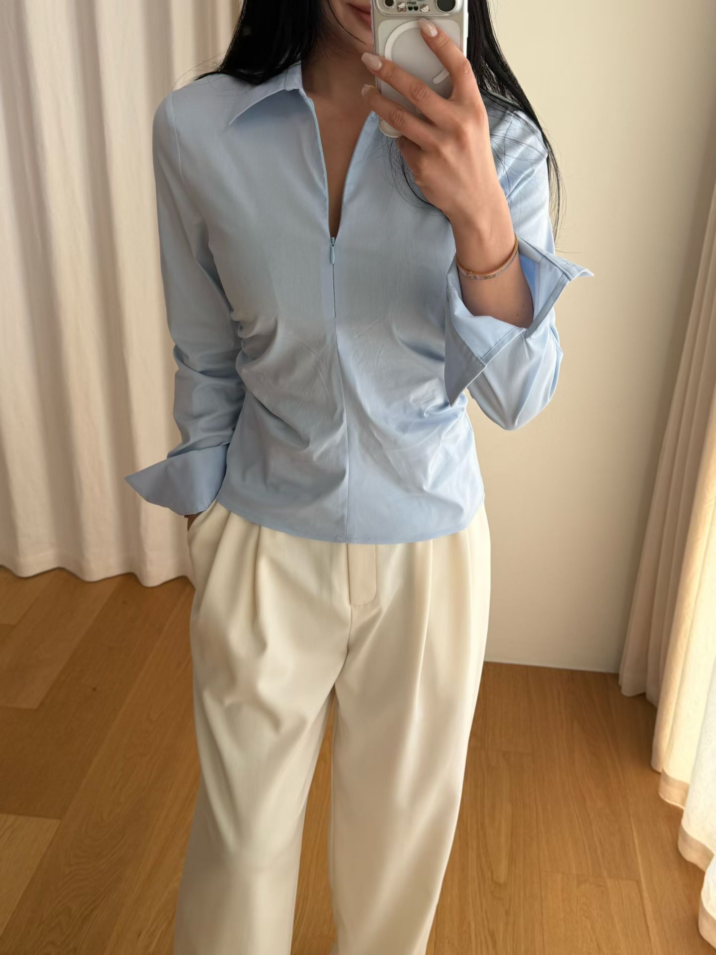 【現貨】修身拉鍊襯衫上衣｜微性感剪裁・顯腰線氣質襯衫