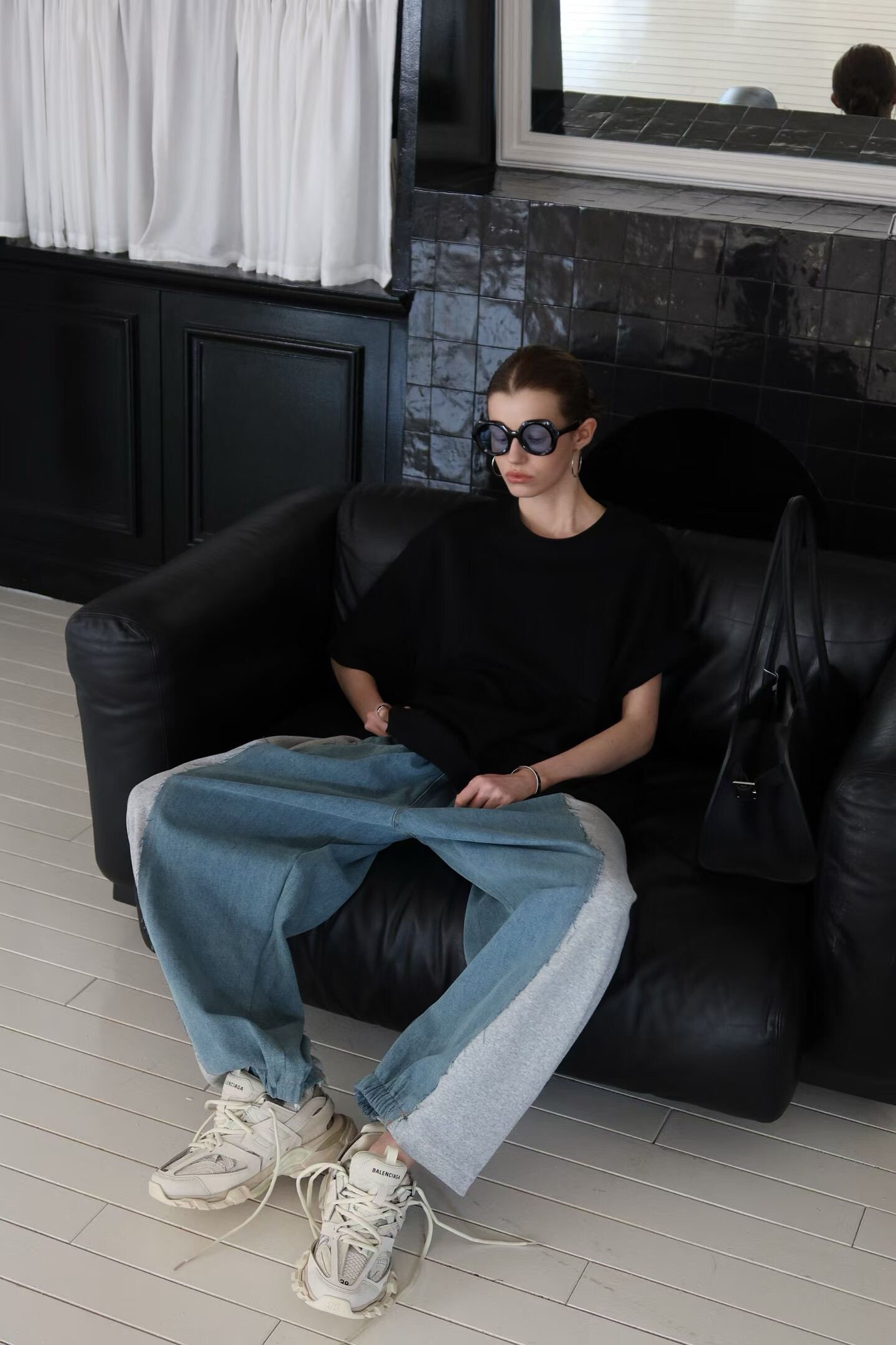 拼接棉牛仔收腳褲