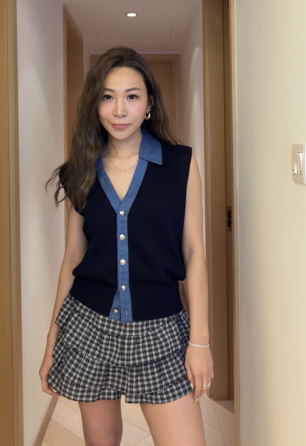 KR2615-3 - 格仔橡筋腰裙褲