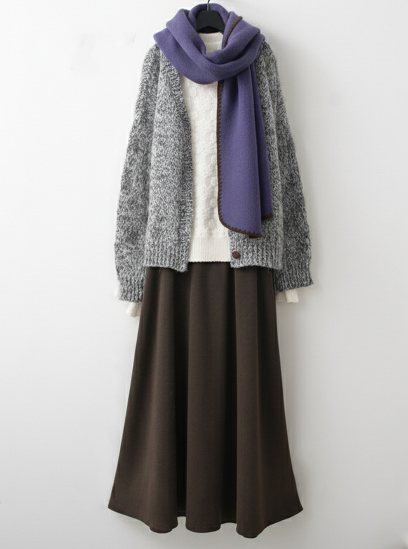 混色針織外套絨毛蕾絲針織上衣針織棉長裙組合