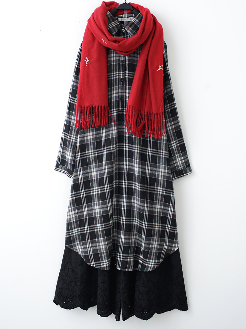 格紋半開襟洋裝繡花柔軟寬褲組合-ABDE