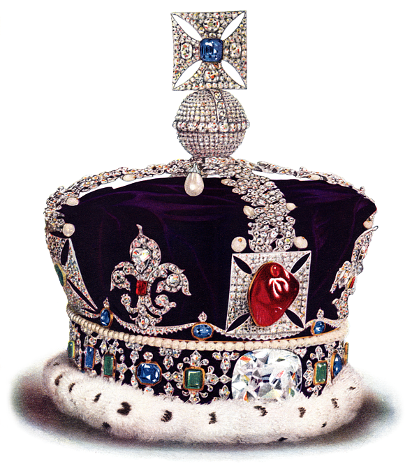 The Imperial State Crown adorned with diamonds, sapphires, and the famous 170-carat red spinel known as the Black Prince’s Ruby.