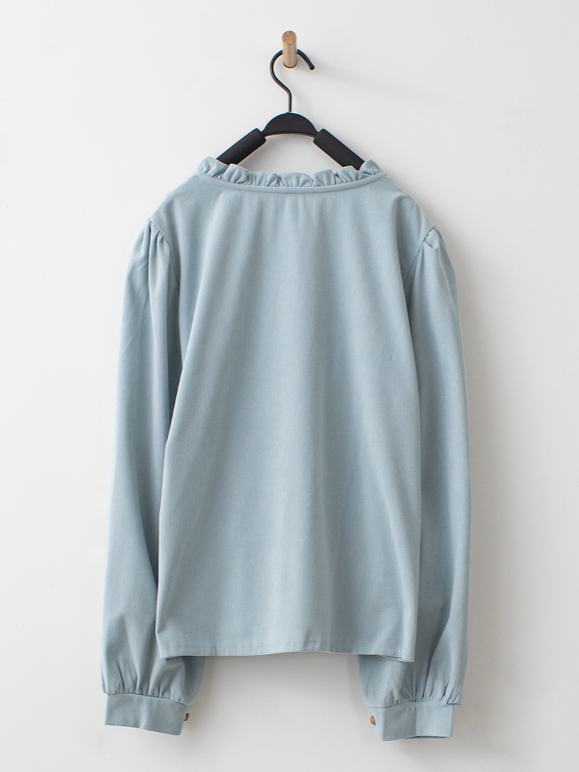 輕甜荷葉壓褶蕾絲織帶條絨上衣