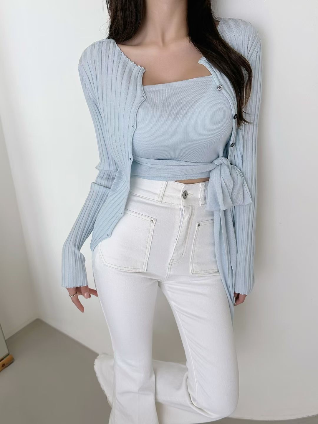 【現貨】綁帶坑條針織罩衫套組｜溫柔小心機・顯瘦層次感穿搭